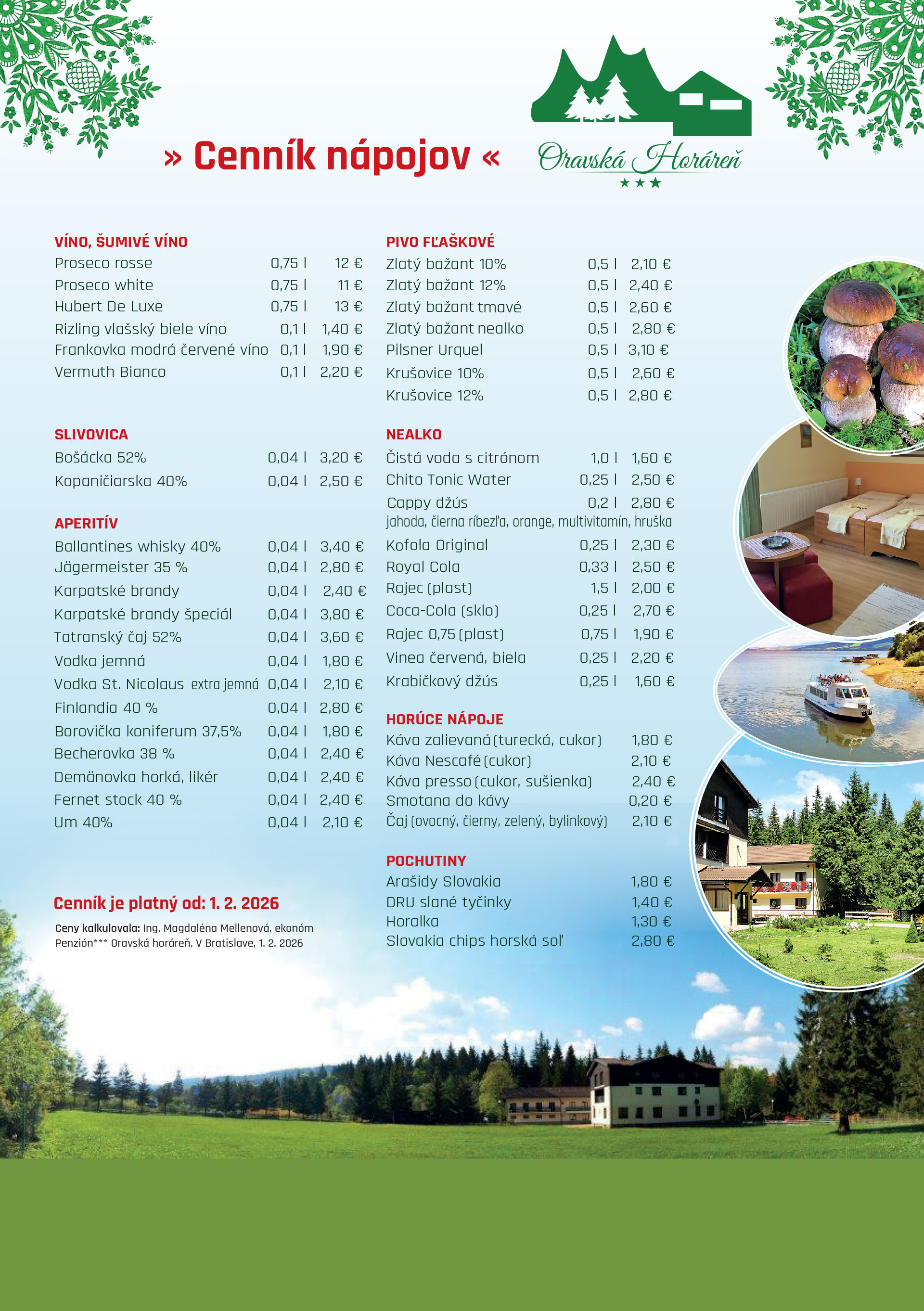 Cenník nápojov 2026